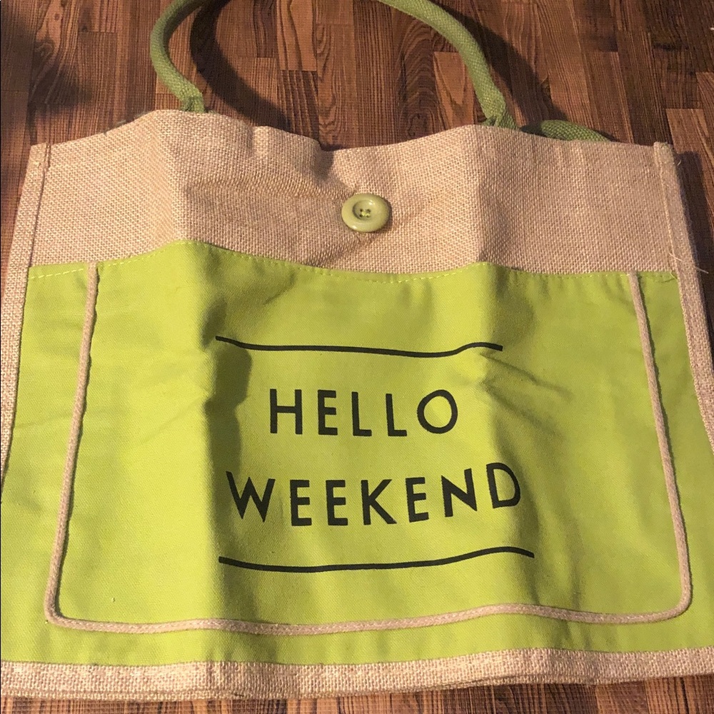 NWOT Hello Weekend Canvas Tote Bag - Lime Green Accent